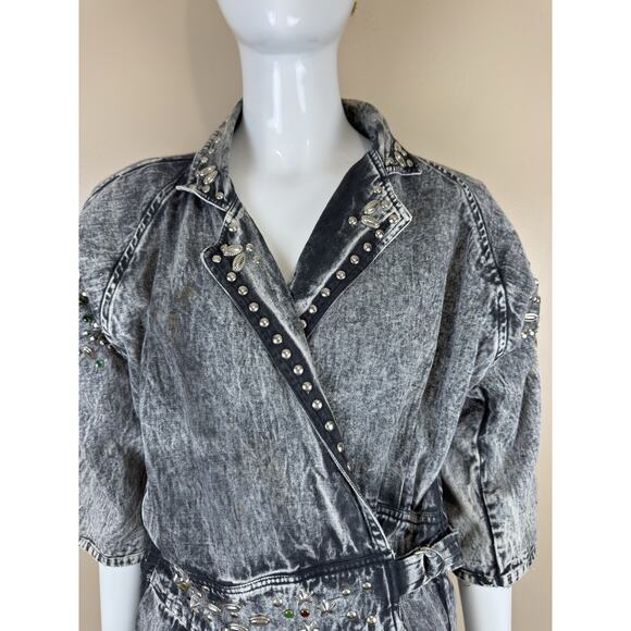 Vintage Jumpsuit – Women’s Studded Wrap Style, Size M Acid Wash Gray - Picture 2 of 16